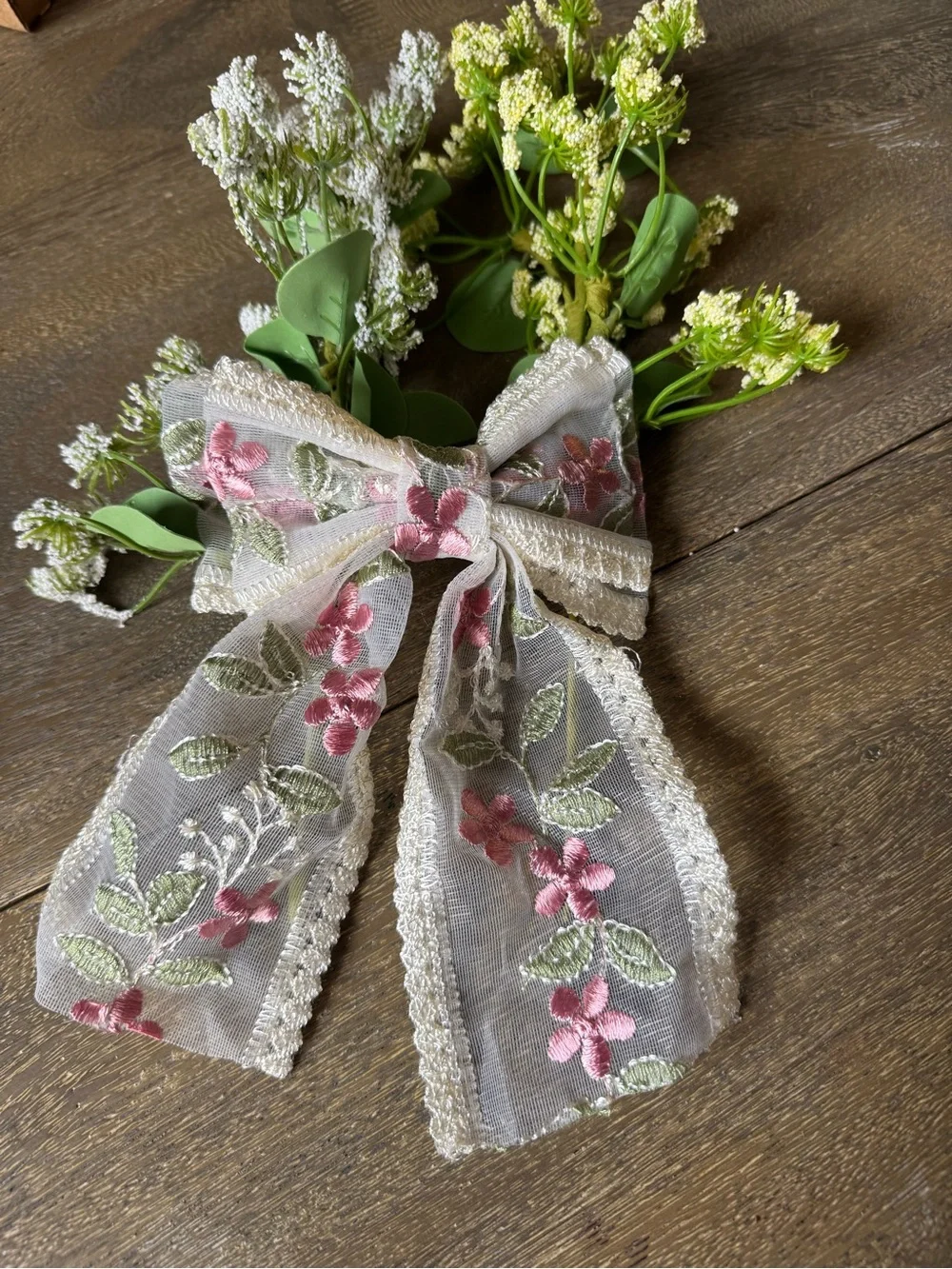 Lace Hair Bow Floral Embroidered  - Dusty Rose Pink on Cream